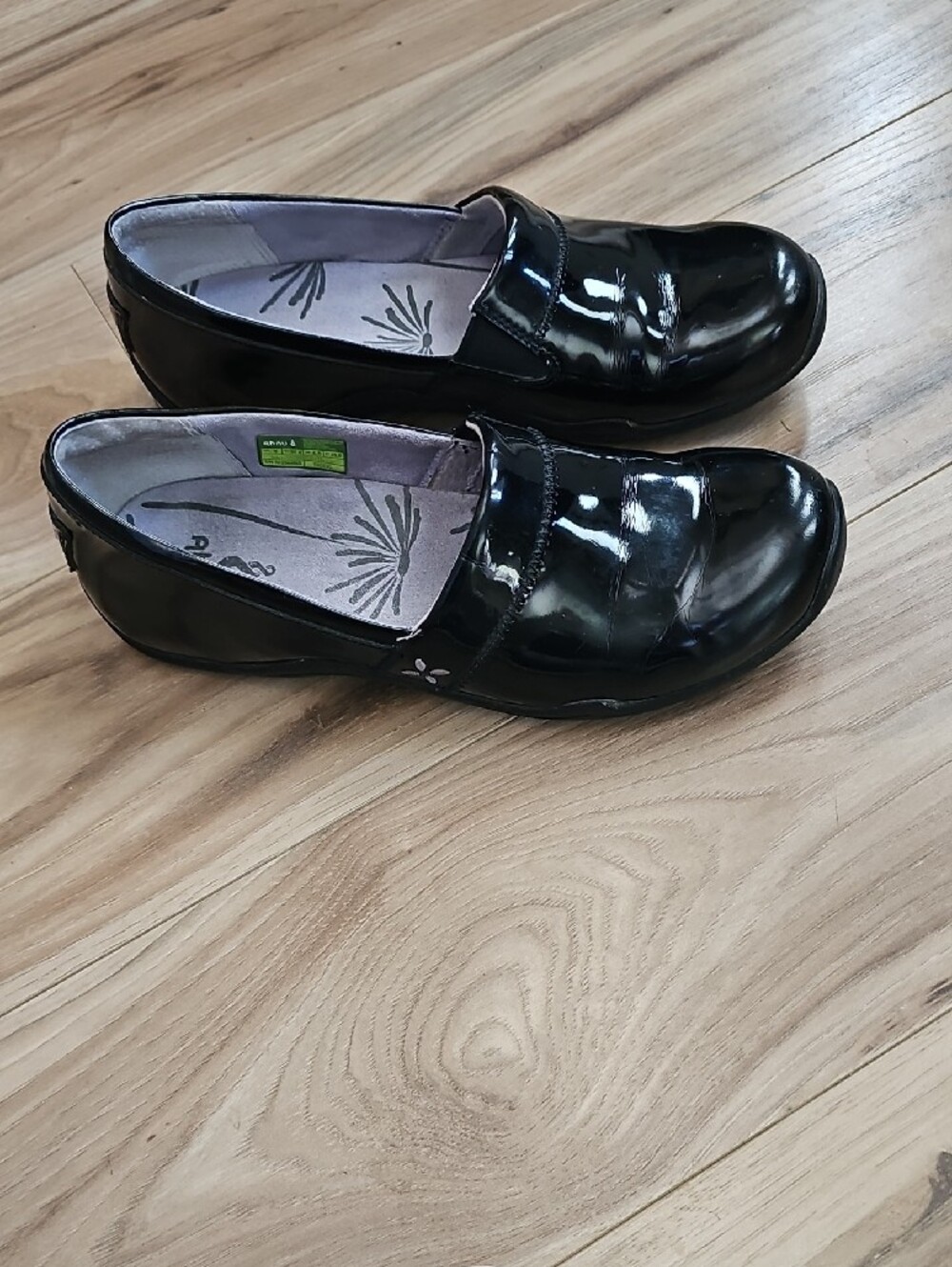 Ahnu Black Patent Slip-On Flats with Printed Insole